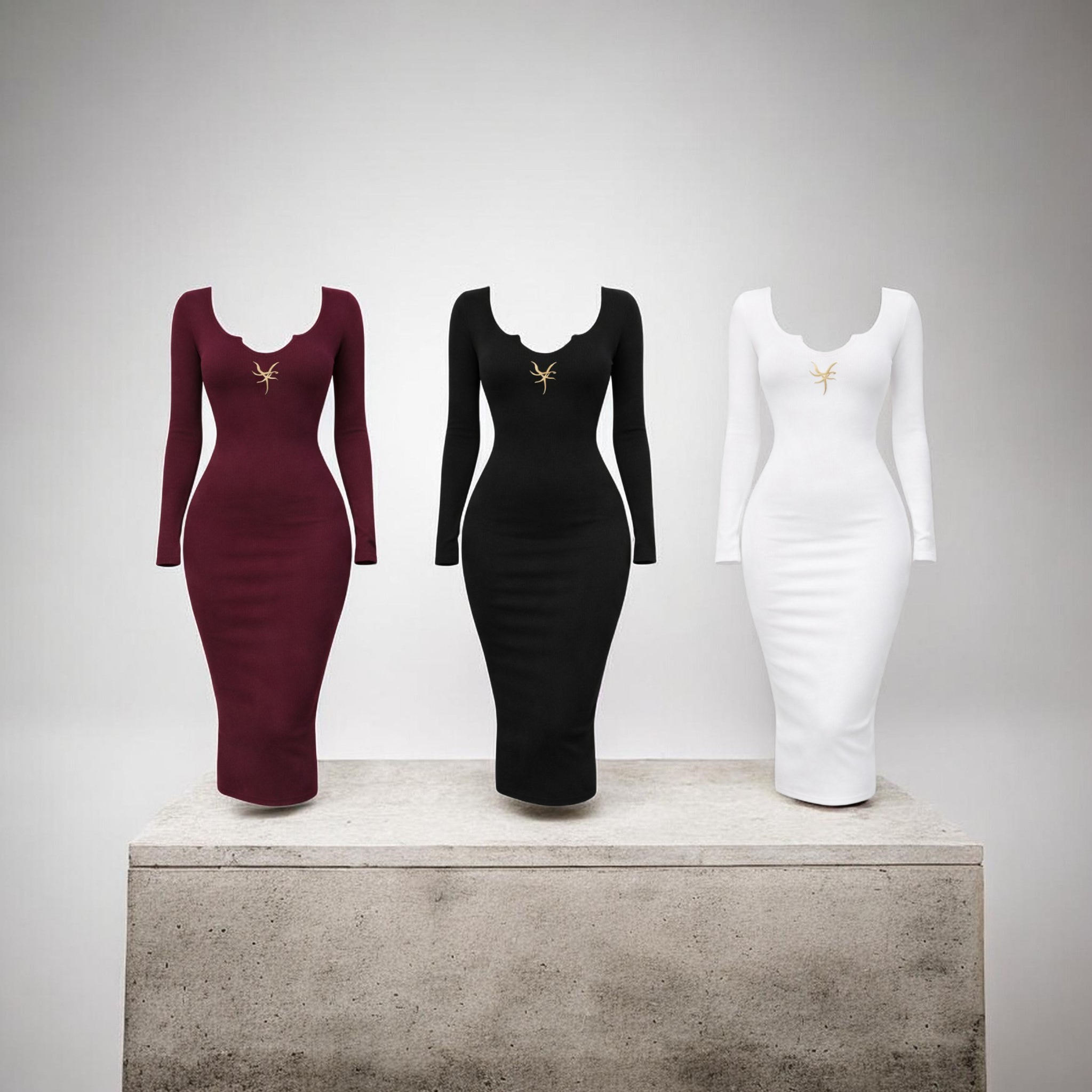 Full-length Vici dress by House of Fresh-2, featuring a stylish and elegant design, displayed on a hanger against a neutral background.